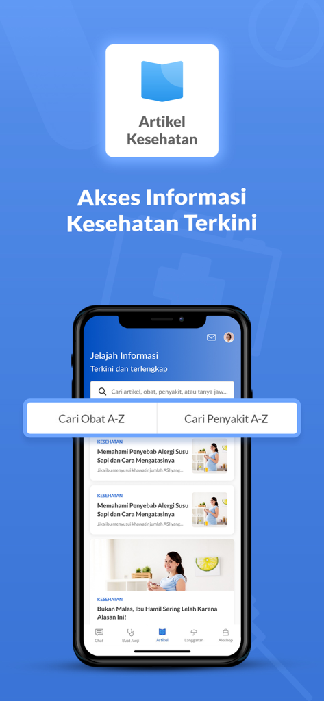 Alodokter: Chat Bersama Dokter - Alodokter mobile app screen displaying health articles in Indonesian language with a search bar