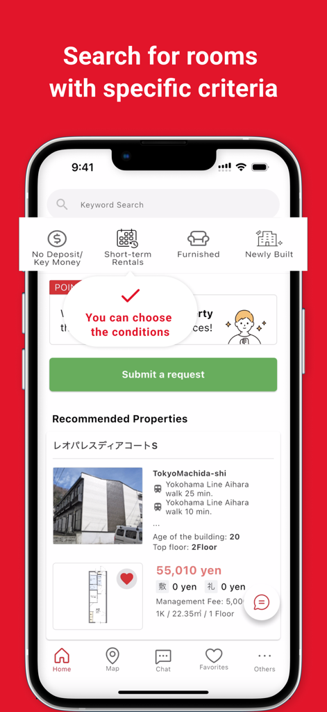 Mobile app screen showing property search criteria and apartment listings in Japan.