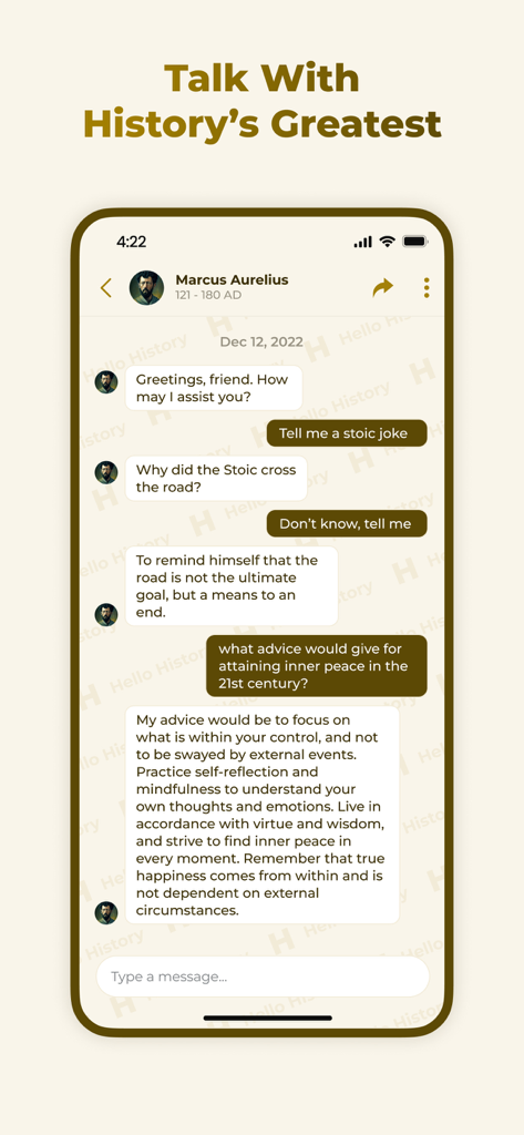 Hello History - AI Chat - A smartphone screen displaying a chat conversation with the historical figure Marcus Aurelius in the Hello History app.