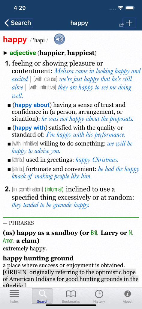 Oxford Dictionary of English. - Oxford Dictionary of English app definition for the word happy showing meanings and phrases.