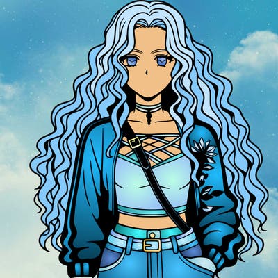 a realistic girl with long curly hair in a top with a sword design and a jacket