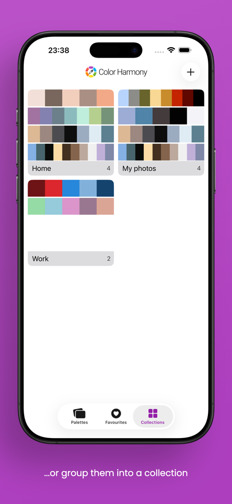 Captura de tela do aplicativo Color Harmony mostrando coleções de paletas de cores organizadas para projetos de casa e trabalho