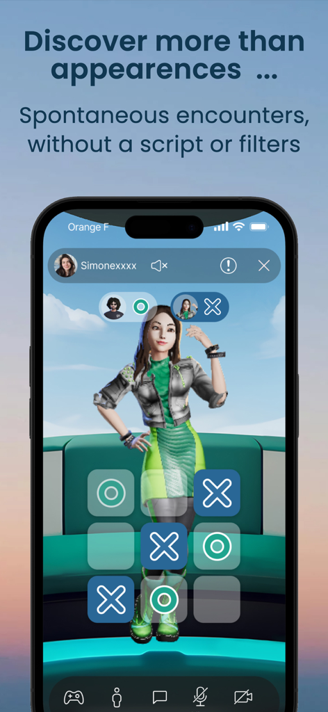 Datopia Dating App Play & Date - Pantalla móvil de la app de citas Datopia con un minijuego de tres en raya en vivo y un avatar de personaje 3D.