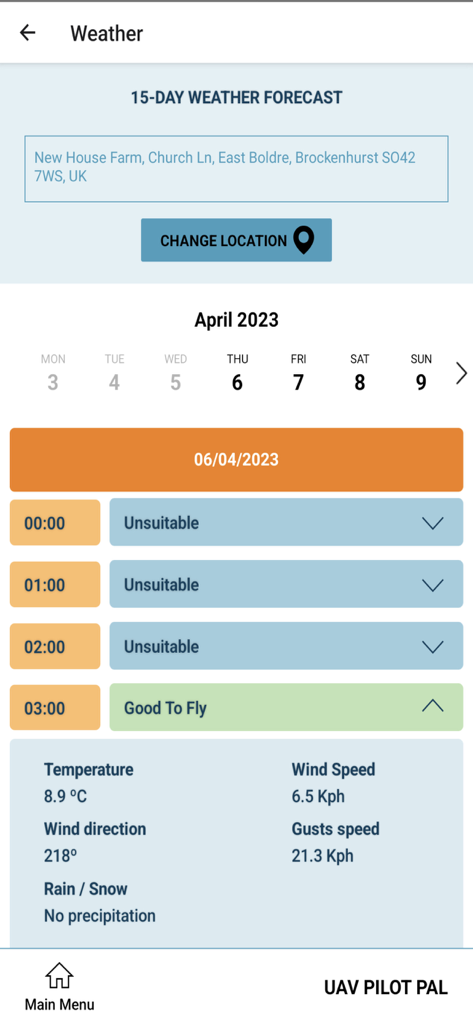 Hourly drone flight weather forecast showing flight suitability and wind conditions in the UAV Pilot Pal app.