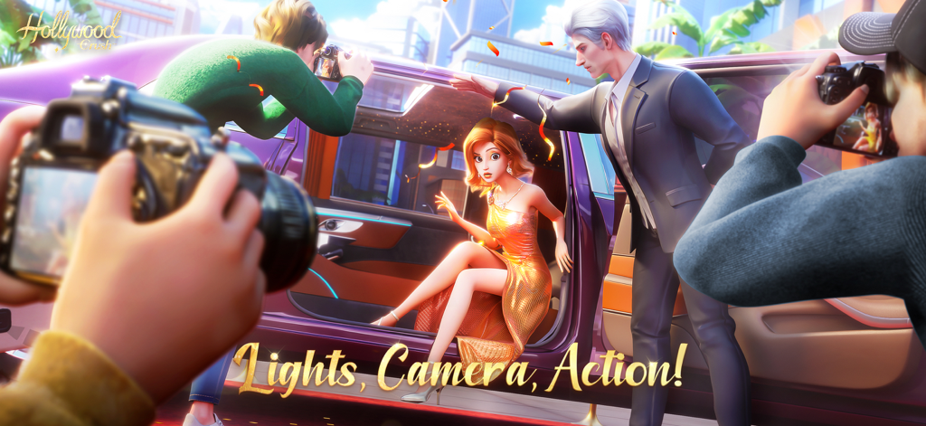 Hollywood Crush - Una celebridad con un vestido dorado saliendo de una limusina hacia una alfombra roja con flashes de cámaras de paparazzi