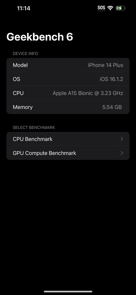 Geekbench 6 app screen displaying iPhone 14 Plus device info and benchmark options
