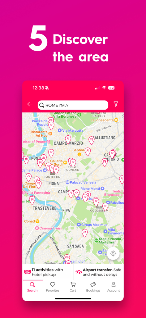 Tela do aplicativo móvel Civitatis mostrando um mapa de Roma com vários marcadores de atividades e opções de tours.