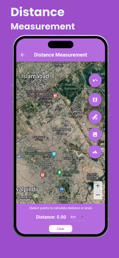 A smartphone displaying a distance measurement tool on a high resolution satellite map