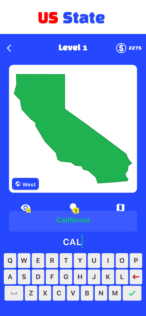 Screenshot dell'app World Quiz che mostra un livello di geografia degli stati USA con il contorno della mappa della California