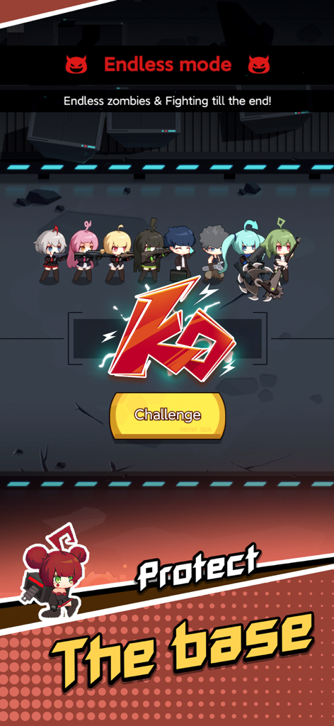Survival Shelter - Survival Shelter game screen showing a group of anime chibi warriors ready for an endless mode challenge with the text Protect the base.