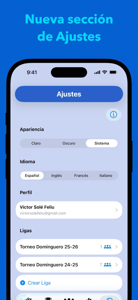 Einstellungsmenü der Americana Padel App mit Profil-, Sprach- und Ligenverwaltungsoptionen.