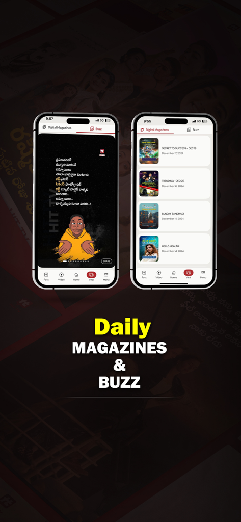 HIT TV - HIT TV app interface showing daily magazines and viral buzz content sections