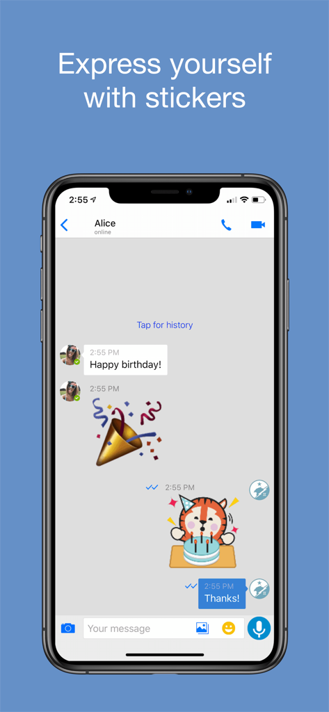 imo app chat interface showing expressive birthday stickers and messages