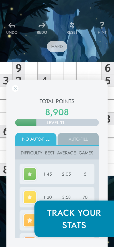 Sudoku game statistics screen showing total points and level progress