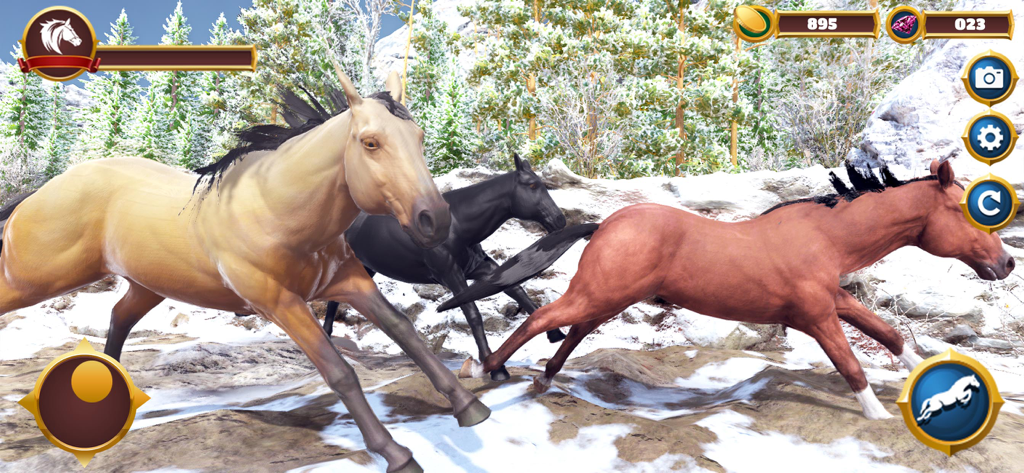 3D馬シミュレーターゲームで、雪の森を走る3頭の馬