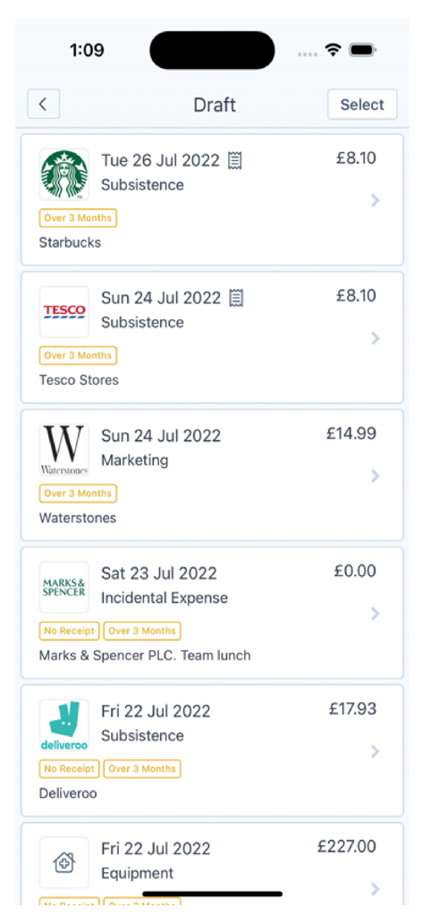 Capture Expense - Mobile app interface showing a list of draft expense claims with vendors amounts and dates