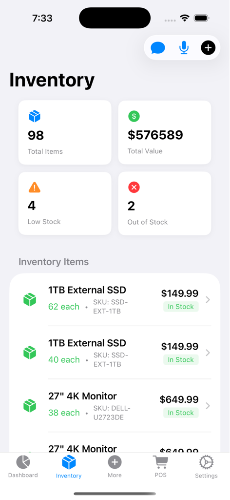 Interfaz de la aplicación Inventory Pro mostrando el total de artículos, el valor del stock y alertas de stock bajo