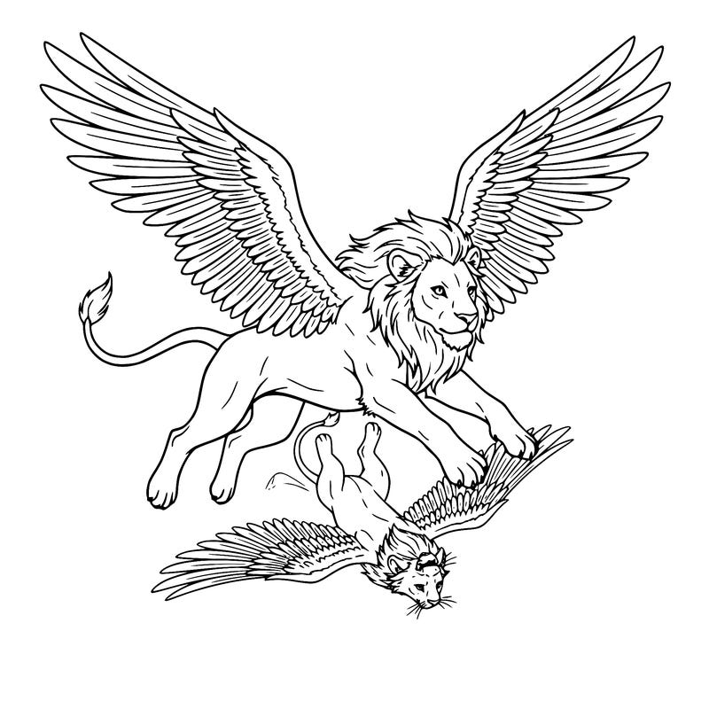 a beautiful flying female lion with its kid falling behind