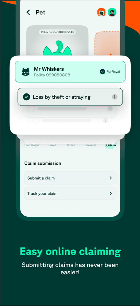 Tree Insurance - Tree Insurance mobile app interface showing easy online claiming for a pet policy with options to submit or track a claim.
