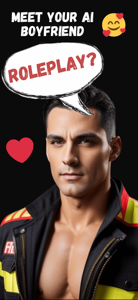 Pantalla promocional de AI Boyfriend Spicy Chat mostrando a un apuesto personaje masculino pidiendo jugar un rol.