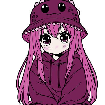 girl with anime shaped eyes with a dinosaur bucket hat oversized sweatshirt long straight hair