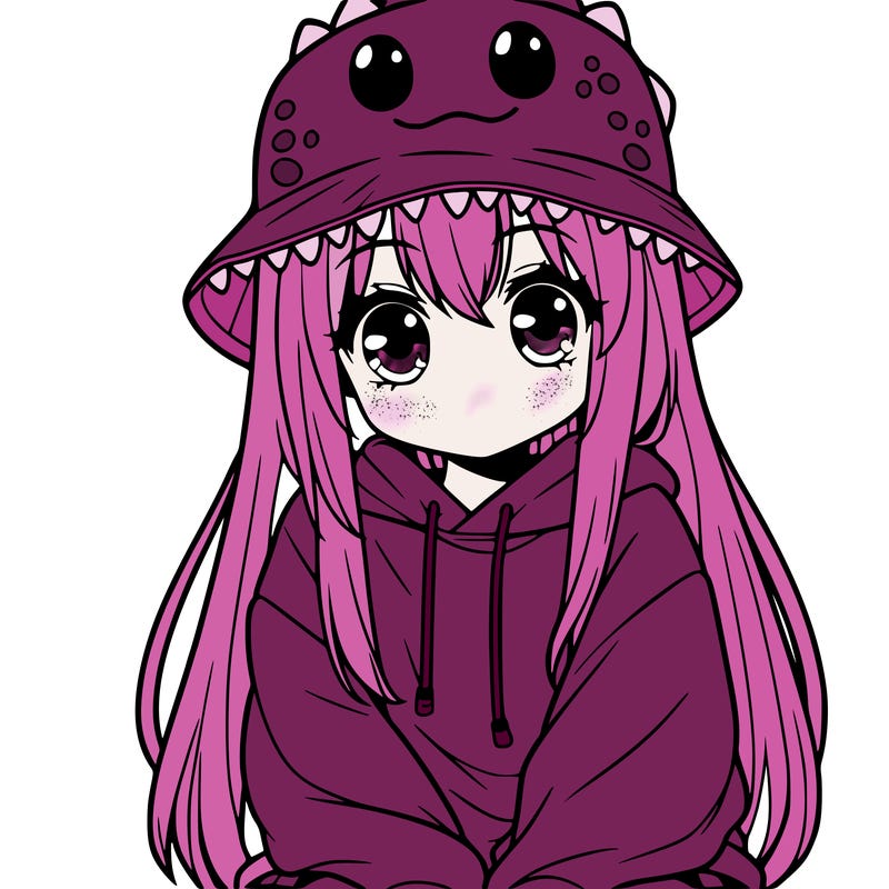 girl with anime shaped eyes with a dinosaur bucket hat oversized sweatshirt long straight hair