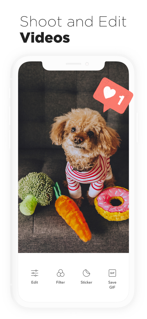Candy Camera - Candy Camera app interface showing video editing features with a cute dog and decorative stickers