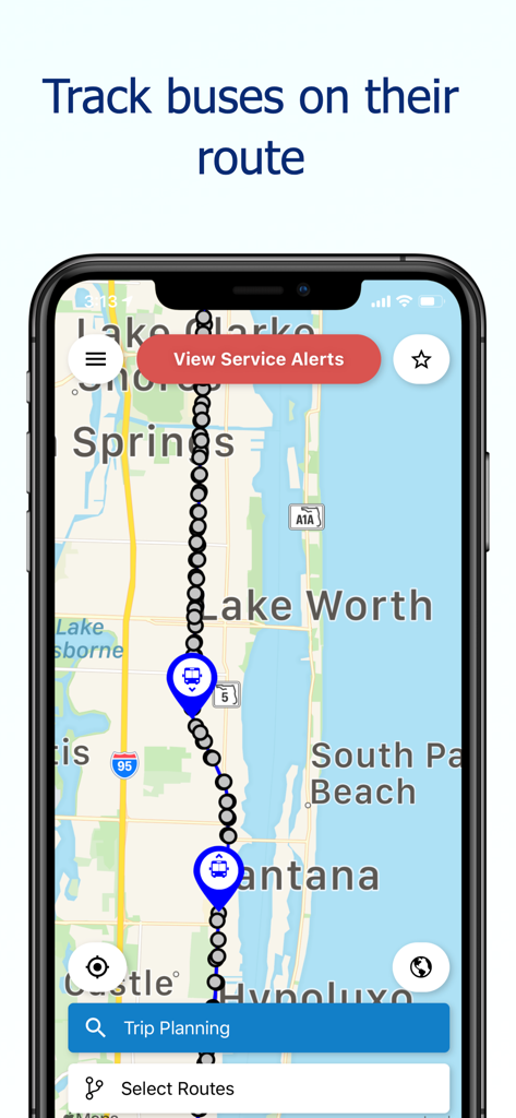 경로상 실시간 버스 추적을 보여주는 The Wave Transit 앱의 지도 인터페이스