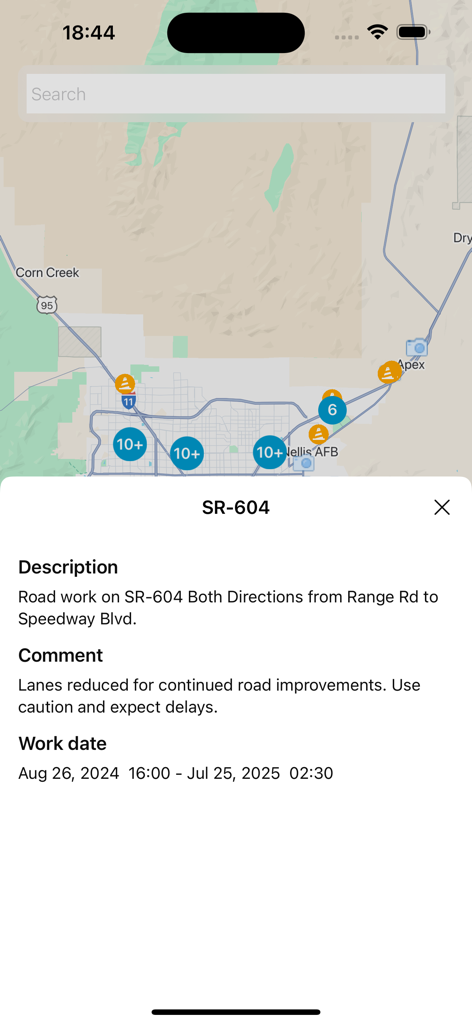 App interface showing road work alert details for highway SR-604 on a map