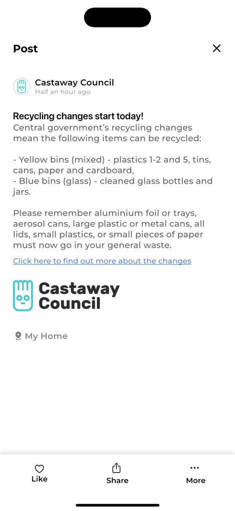 App-Bildschirm von Antenno mit einer Mitteilung der Stadtverwaltung über Änderungen beim Recycling