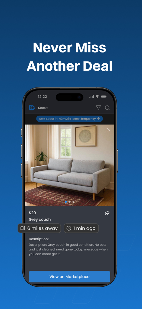 DealScout - DealScout app interface displaying a local marketplace listing for a discounted couch with real time alerts