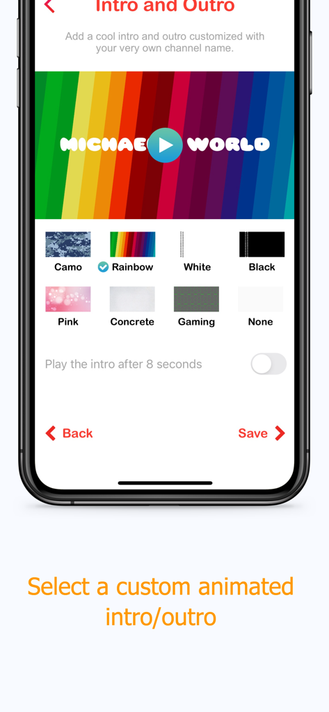 VidKids: Make Fun Videos! - VidKids app interface showing customizable video intro and outro backgrounds like rainbow and gaming styles for kids