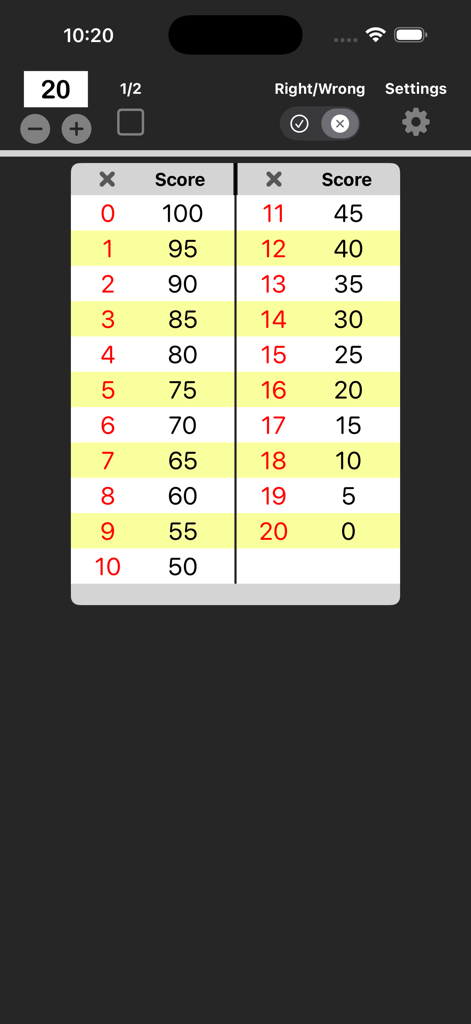 Easy Grade - EZ Grader - Easy Grade App-Oberfläche, die eine Bewertungstabelle für zwanzig Fragen anzeigt