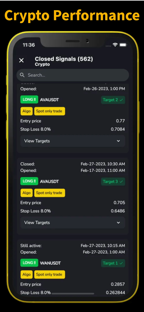 AI Pro Trading Signal - Mobile screen showing crypto trading signals and performance history in the AI Pro Trading Signal app