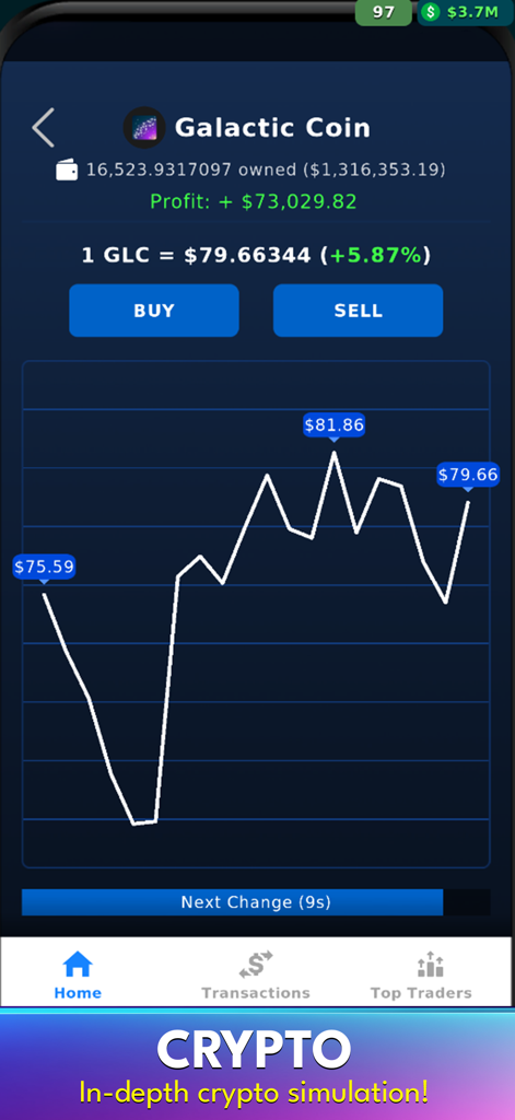 AltLife - Life Simulator - Capture d'écran du jeu mobile AltLife montrant une simulation approfondie de cryptomonnaie avec des graphiques de prix
