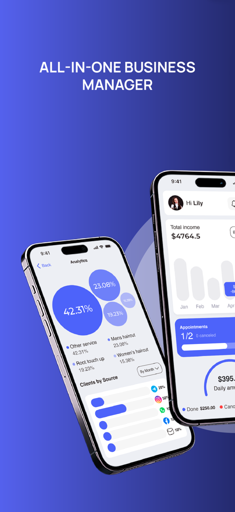 Halper - Halper app interface showing business analytics and total income dashboard on two smartphones.