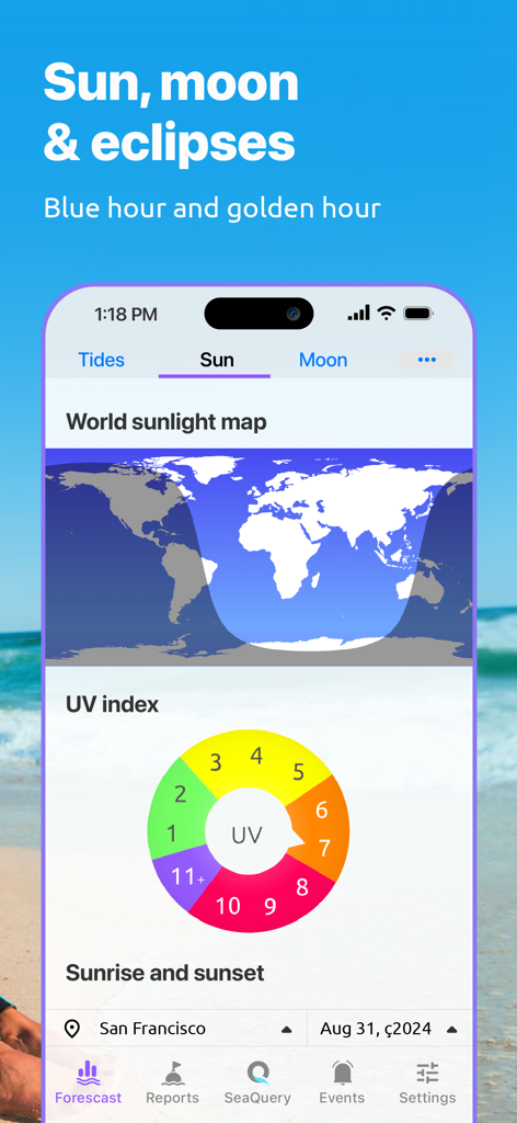 Nautide: Tides, Wind, Waves + - Nautide app interface showing a world sunlight map and UV index gauge for marine planning.