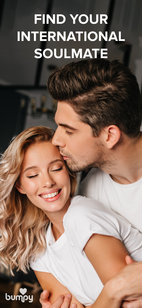 A young romantic couple embracing with the text Find Your International Soulmate and the Bumpy logo.