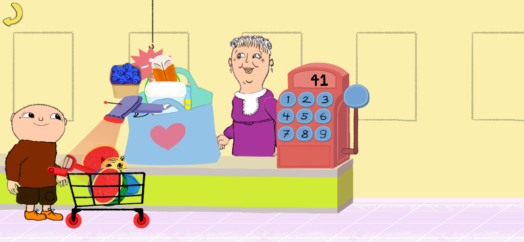 Beep beep Alfie Atkins - Kids - Alfie Atkins at a grocery store checkout with a shopping cart and cash register