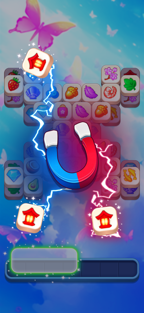 Match Jong - Zen Tile Puzzle - A magnet power up attracting three identical lantern tiles in the Match Jong puzzle game.