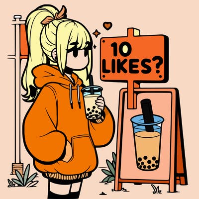 girl with oversized hoodie drinking boba and she has a high ponytail with a sign that says 10likes?