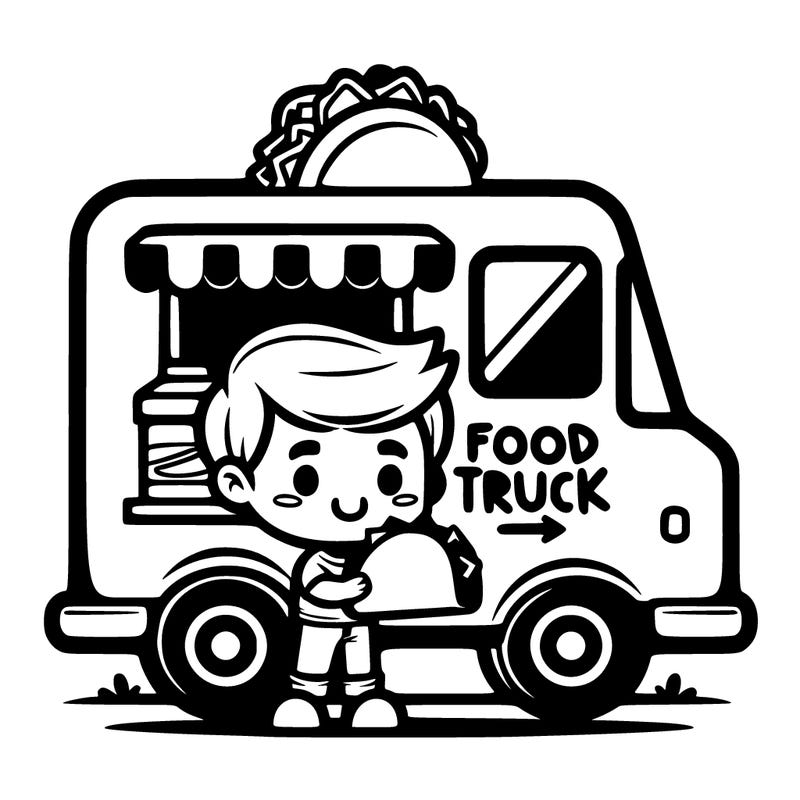 cartoonist food truck logo of a little boy holding a taco