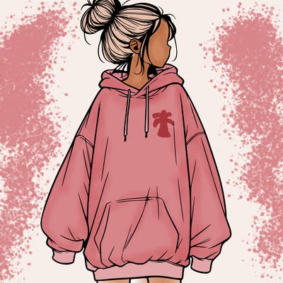 realistic girl with a oversized sweatshirt on and a bun