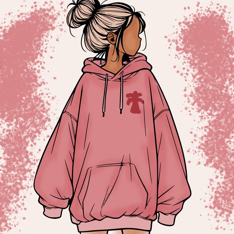 realistic girl with a oversized sweatshirt on and a bun