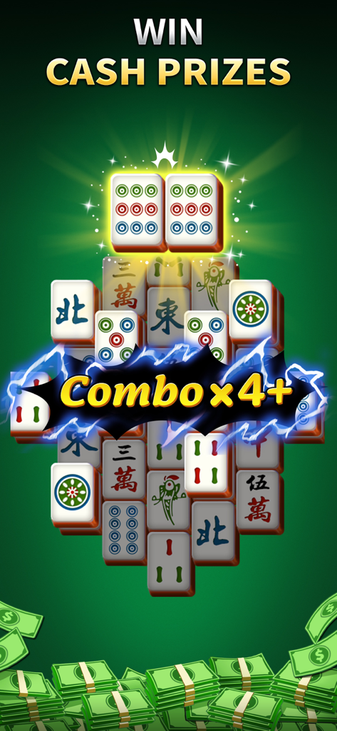 Mahjong Solitaire: Win Cash - Jugabilidad de Mahjong Solitario mostrando fichas que coinciden y recompensas en efectivo