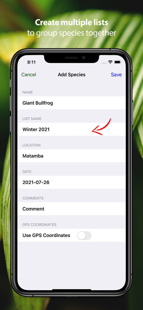 Smartphone screen showing how to add a frog sighting to a life list with location and date details