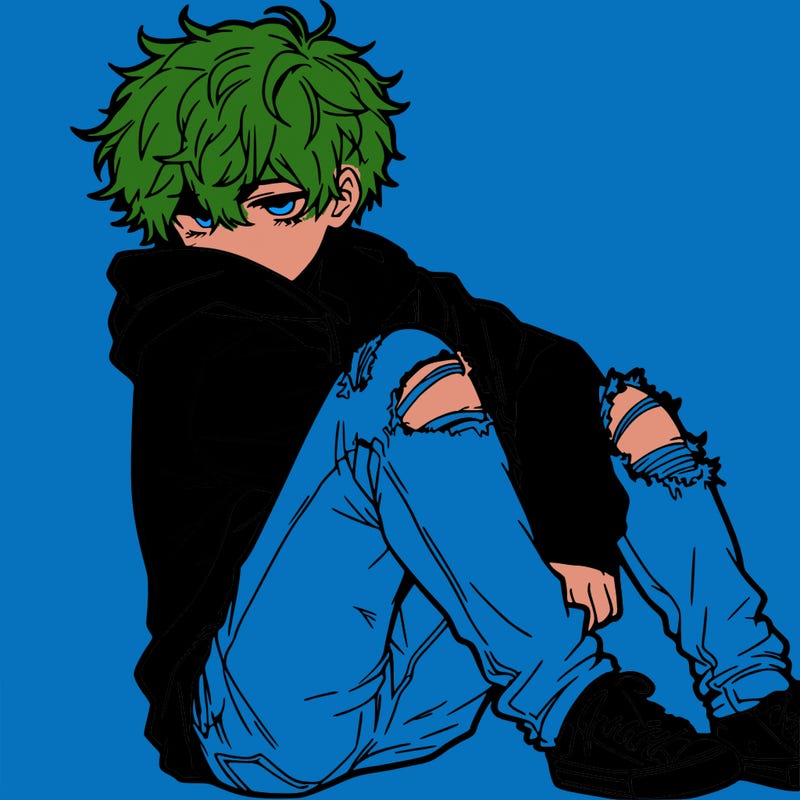 a male hoddie ripped jeans messy hair anime