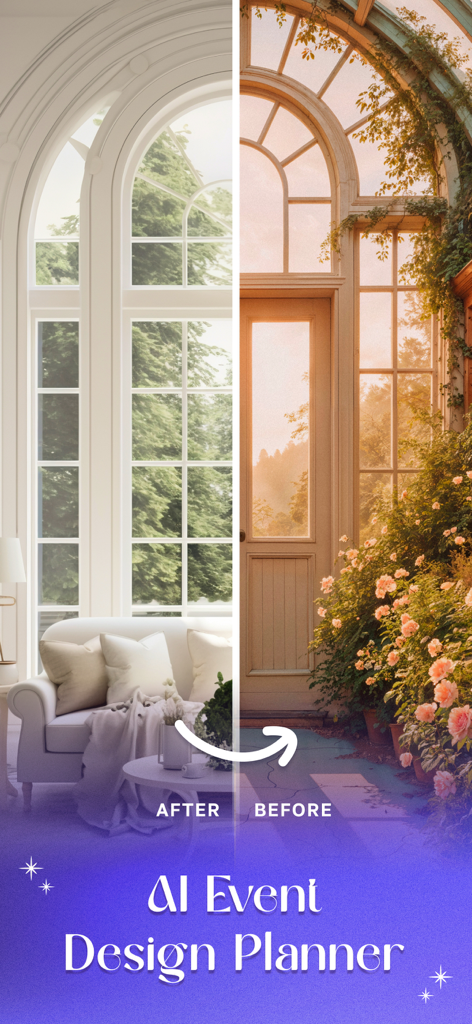 AI Event Designer: Venue Decor - Before and after comparison showing a venue transformation from a rustic garden to a modern interior using AI Event Design Planner.