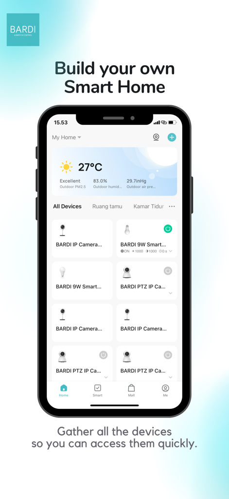 BARDI Smart Home - Smartphone displaying the BARDI Smart Home app dashboard with various connected cameras and smart lighting controls