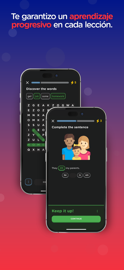 Inglés Fácil - Francisco Ochoa - Interface of the Inglés Fácil app showing word search and grammar completion exercises